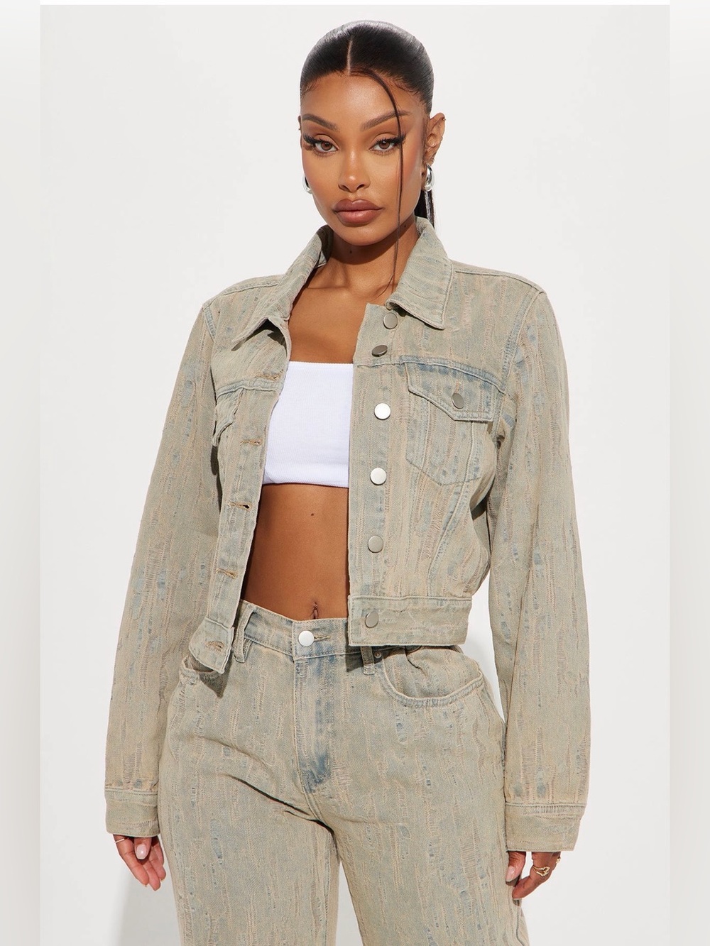 Fashion Nova Cropped Washed Beige Denim Jacket